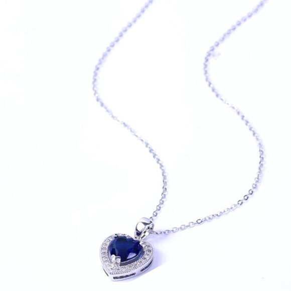 SALE Sterling Silver Royal Sapphire Blue Topaz Heart Crystal Pendant Necklace - Picture 3 of 5